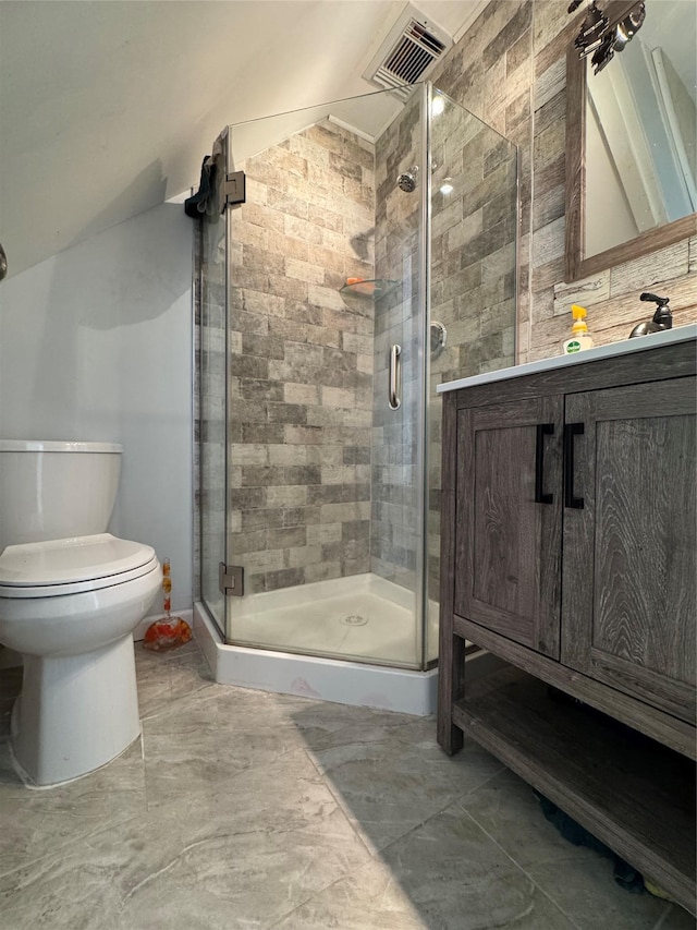 full bath with a shower stall, visible vents, toilet, and vanity