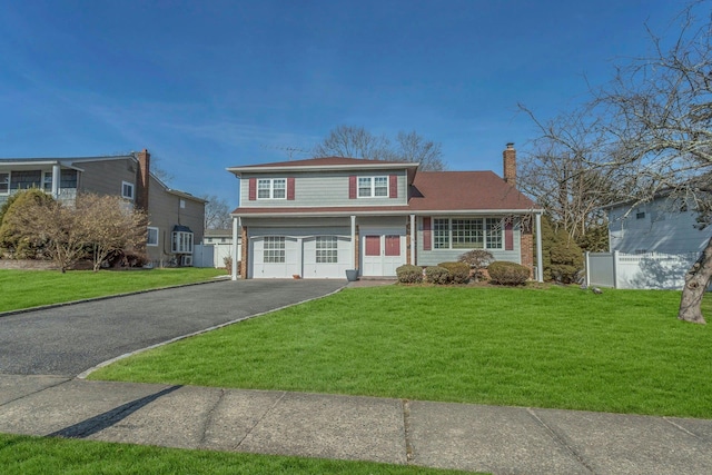 traditional-style house featuring an attached garage, a chimney, a front lawn, and aphalt driveway