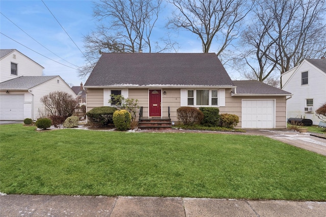 cape cod home featuring an attached garage, driveway, roof with shingles, and a front yard