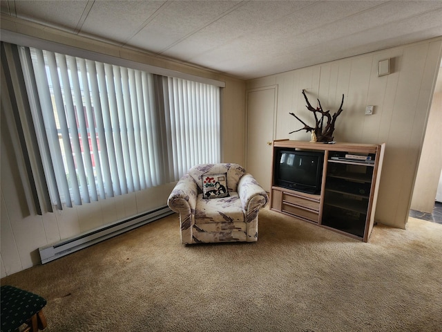 living area featuring carpet and a baseboard radiator