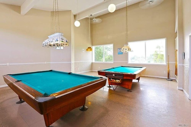 recreation room with beam ceiling, baseboards, billiards, and a high ceiling