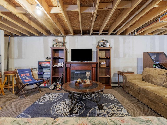 living room featuring a fireplace