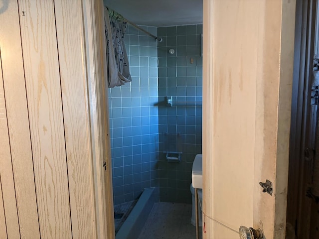 bathroom featuring a stall shower and toilet