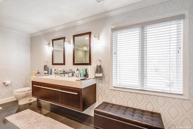 bathroom featuring wallpapered walls, crown molding, and tile patterned floors