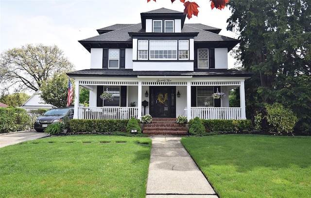 view of front of house featuring a porch, a front yard, roof with shingles, and stucco siding