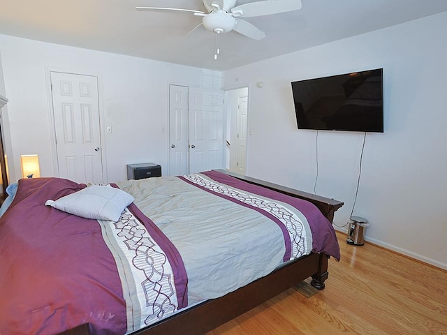 bedroom with baseboards, a closet, a ceiling fan, and wood finished floors