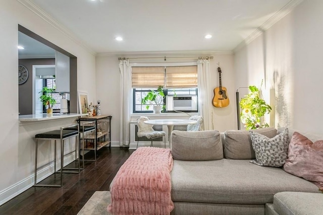 living area with cooling unit, dark wood-style flooring, crown molding, and baseboards