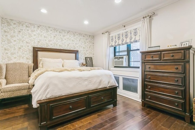 bedroom featuring wallpapered walls, ornamental molding, dark wood-style flooring, cooling unit, and recessed lighting