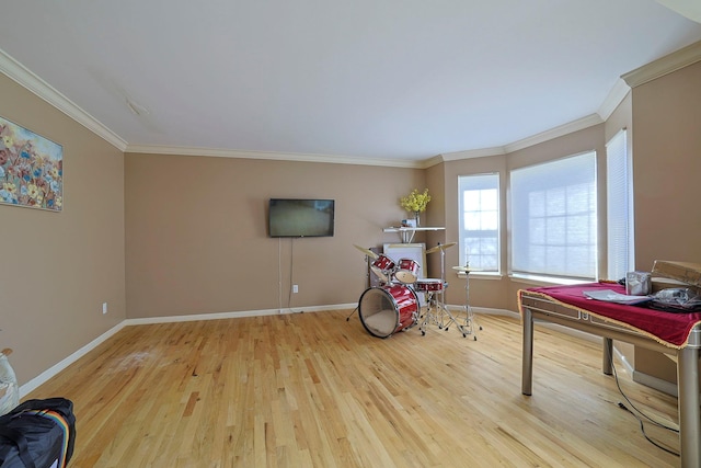 playroom with baseboards, wood finished floors, and ornamental molding