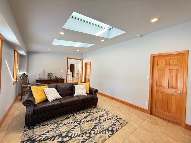 living room with lofted ceiling, light tile patterned floors, baseboards, and recessed lighting