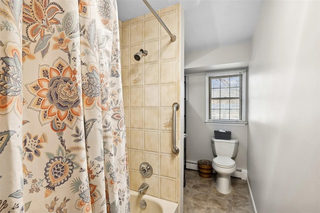 full bathroom with shower / tub combo with curtain, toilet, baseboard heating, and tile patterned floors