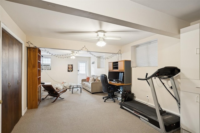 office area with carpet flooring and a ceiling fan