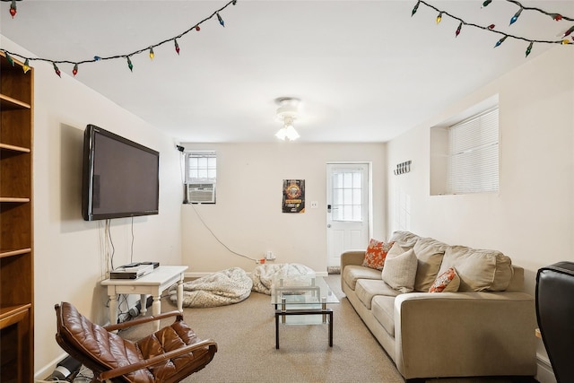 living area featuring carpet floors and cooling unit