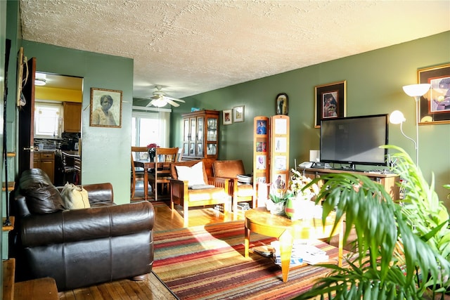 living room with ceiling fan, a textured ceiling, and wood finished floors