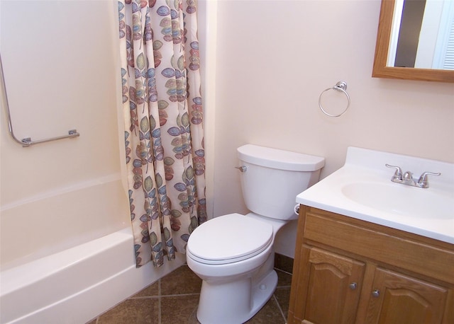 bathroom with toilet, tile patterned flooring, shower / tub combo with curtain, and vanity