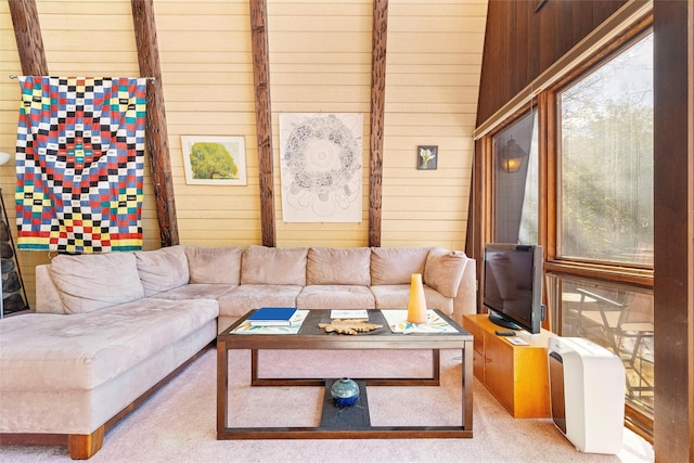 living room with wood walls and light colored carpet