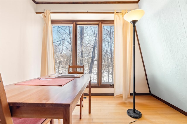 dining room featuring light wood-style floors and baseboards