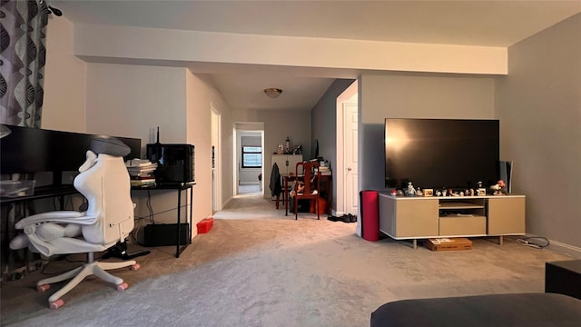 living room with light colored carpet and baseboards