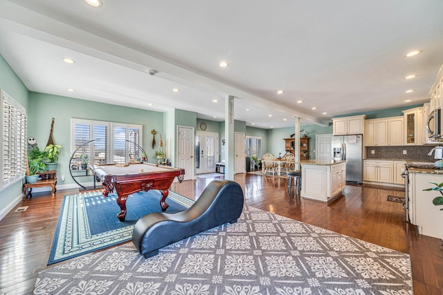 playroom with billiards, baseboards, wood finished floors, and recessed lighting