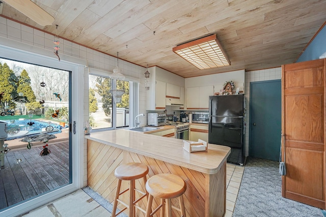 kitchen featuring light countertops, appliances with stainless steel finishes, a sink, a peninsula, and under cabinet range hood