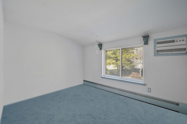 carpeted spare room featuring baseboard heating and a wall mounted AC