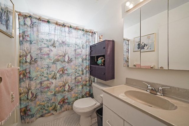 full bath featuring tile patterned flooring, vanity, and toilet