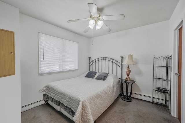 carpeted bedroom featuring a baseboard radiator and ceiling fan