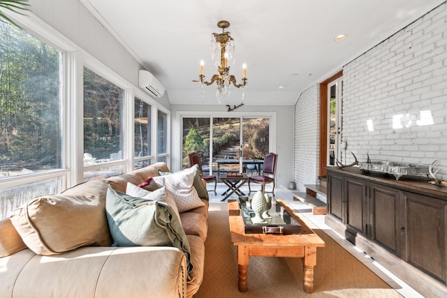 sunroom / solarium with an AC wall unit and an inviting chandelier