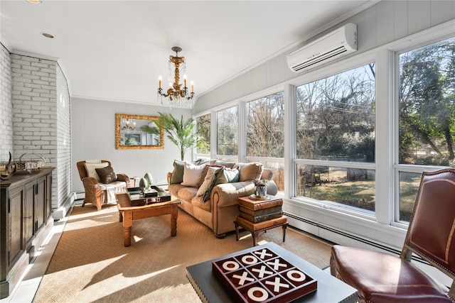 sunroom with a wall unit AC and an inviting chandelier