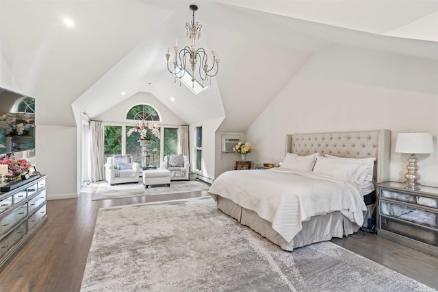 bedroom featuring lofted ceiling, a baseboard radiator, wood finished floors, and a chandelier