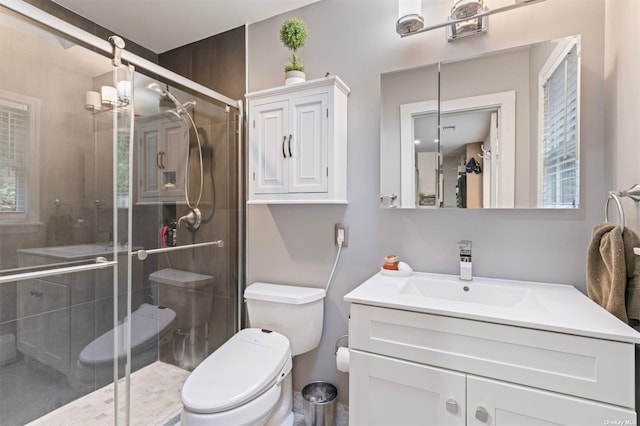 full bathroom with toilet, a shower stall, and vanity