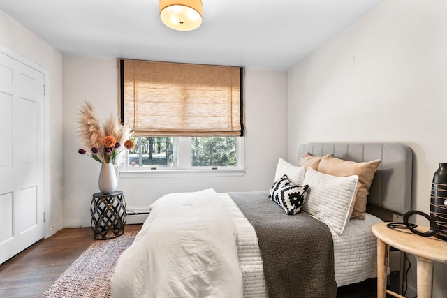 bedroom featuring a baseboard radiator and wood finished floors