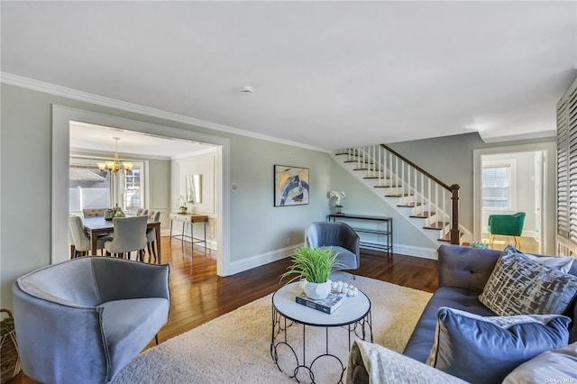 living room featuring dark wood-style floors, baseboards, stairway, and crown molding