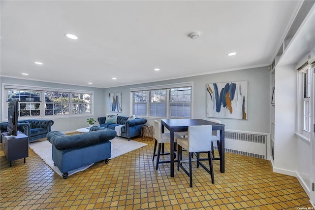 dining area featuring ornamental molding, recessed lighting, baseboards, and radiator heating unit