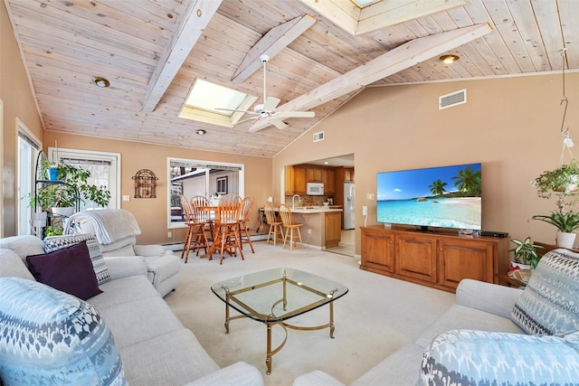 living room with wooden ceiling, light carpet, a skylight, visible vents, and beam ceiling