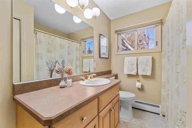 bathroom with toilet, an inviting chandelier, baseboard heating, vanity, and tile patterned floors