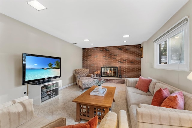 living room with a fireplace, baseboards, and light tile patterned floors