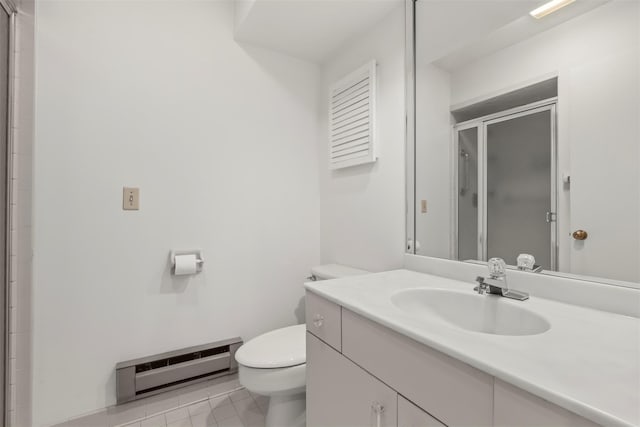 bathroom featuring a baseboard radiator, toilet, a stall shower, vanity, and tile patterned floors