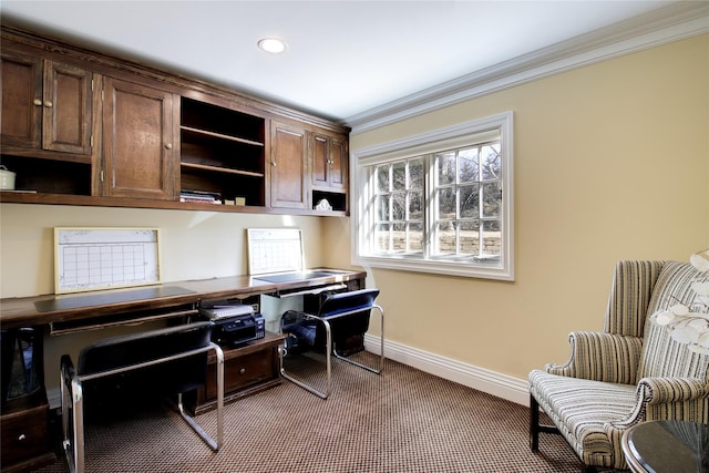 home office featuring carpet, baseboards, and ornamental molding