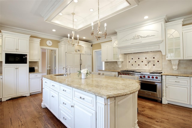 kitchen featuring a center island with sink, premium stove, custom exhaust hood, a tray ceiling, and a sink