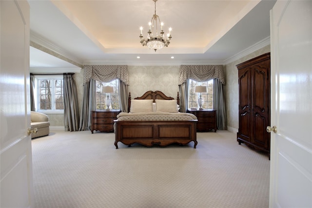 bedroom featuring a raised ceiling, light colored carpet, and an inviting chandelier