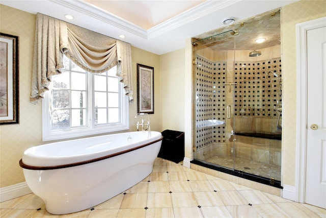 full bath featuring wallpapered walls, baseboards, a soaking tub, crown molding, and a shower stall