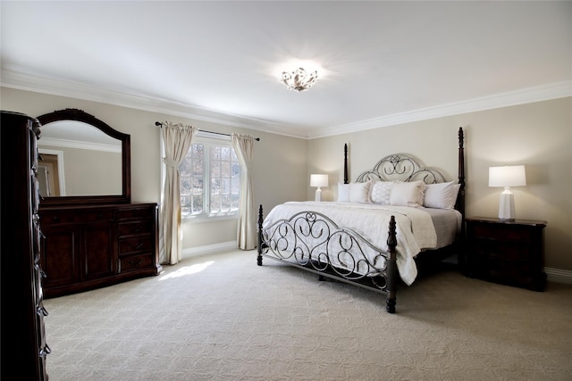 bedroom featuring light carpet, baseboards, and crown molding