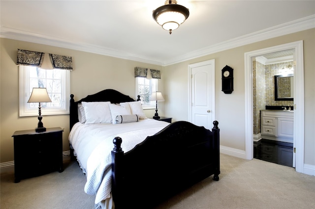 bedroom with light carpet, ornamental molding, and baseboards