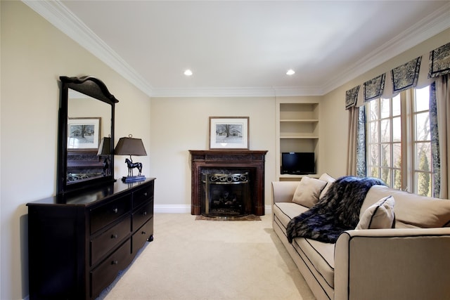 living room with recessed lighting, light colored carpet, ornamental molding, a fireplace with flush hearth, and baseboards