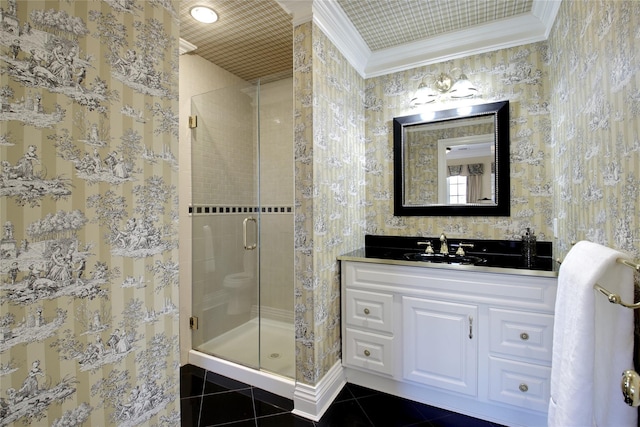 full bath with ornamental molding, tile patterned flooring, a stall shower, and wallpapered walls