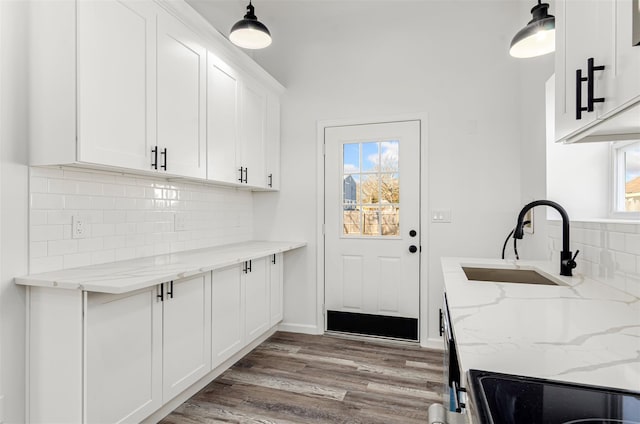 kitchen with light stone counters, wood finished floors, a sink, white cabinets, and backsplash