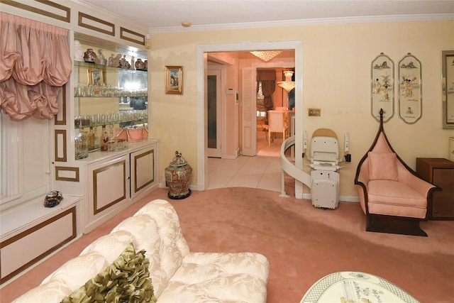 interior space featuring crown molding and light colored carpet