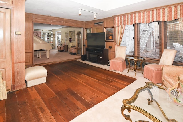 living room featuring track lighting and dark wood-style flooring