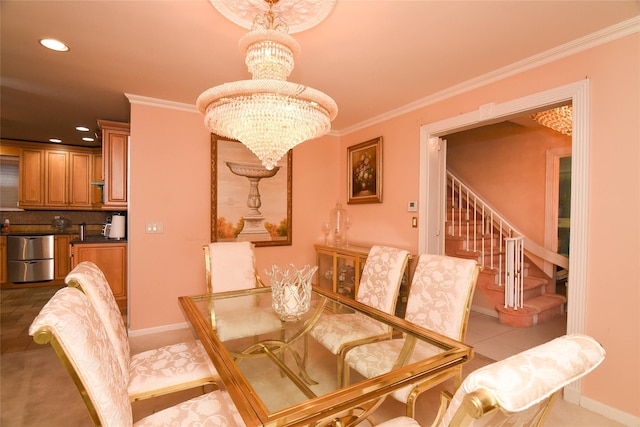 dining area featuring a notable chandelier, recessed lighting, baseboards, and ornamental molding